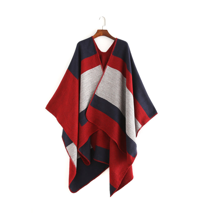 Damen Oversize‑Ruana‑Poncho aus Wollmix mit geometrischem Blockjacquard und V‑Ausschnitt Drune