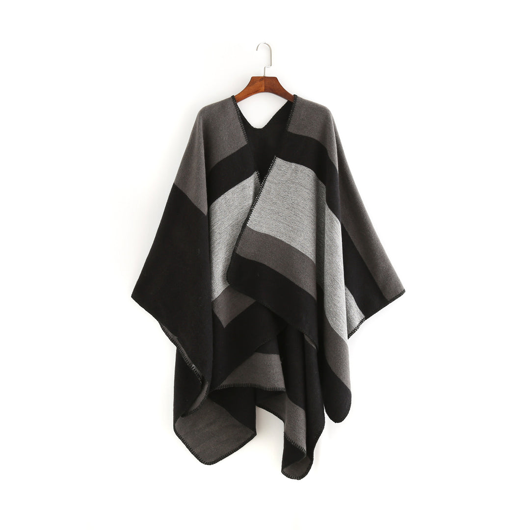 Damen Oversize‑Ruana‑Poncho aus Wollmix mit geometrischem Blockjacquard und V‑Ausschnitt Drune