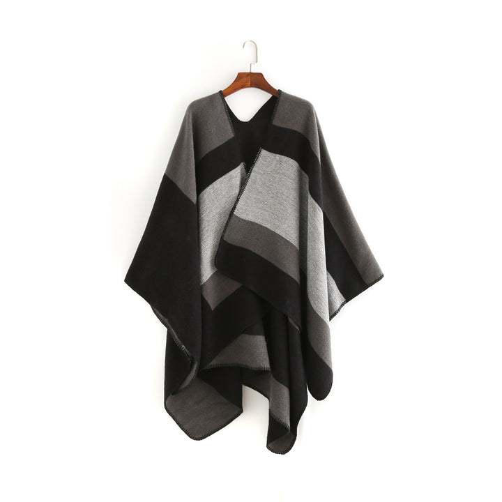 Damen Oversize‑Ruana‑Poncho aus Wollmix mit geometrischem Blockjacquard und V‑Ausschnitt Drune