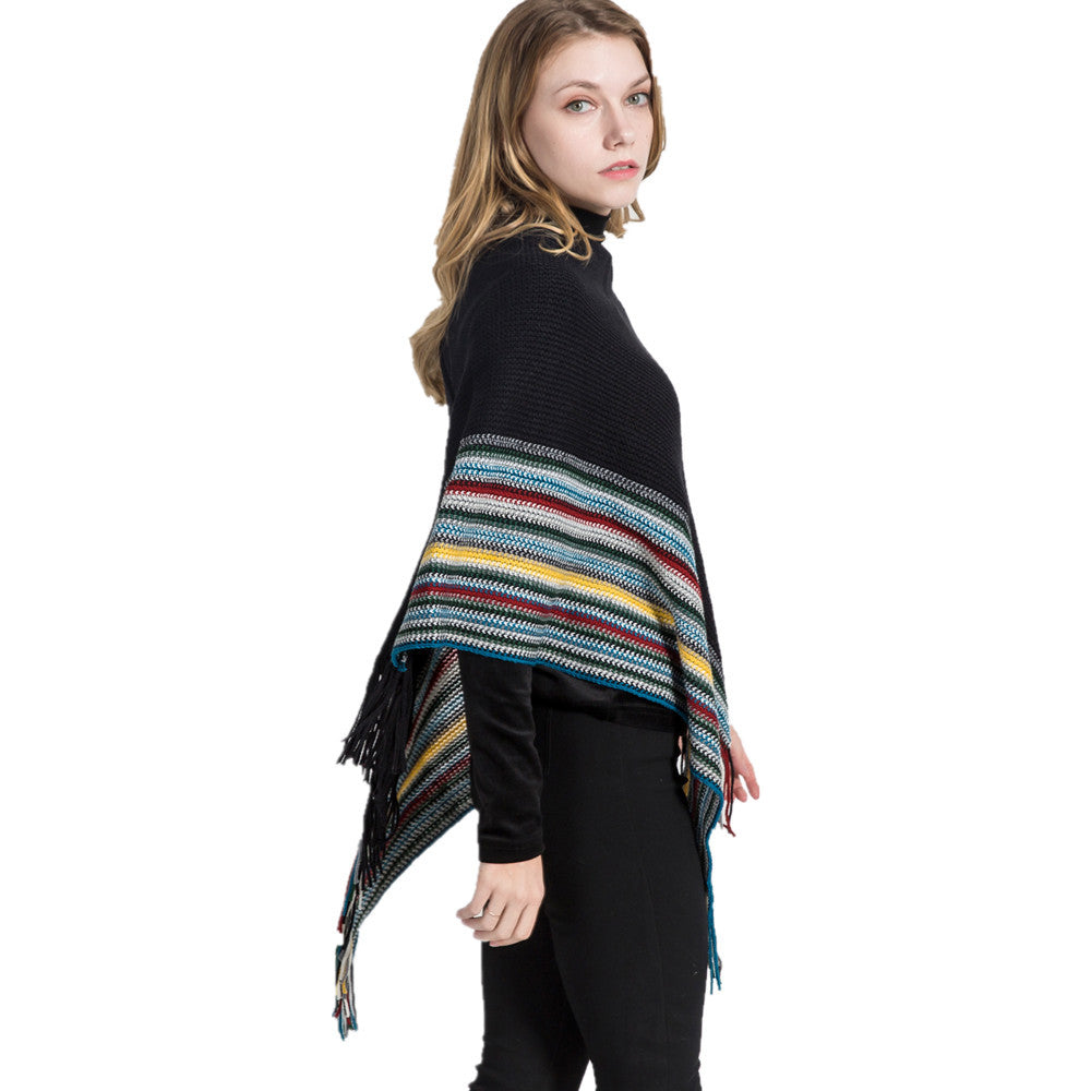 Damen Oversize-Strickruana mit Fransen und gestreifter Bordüre Drune