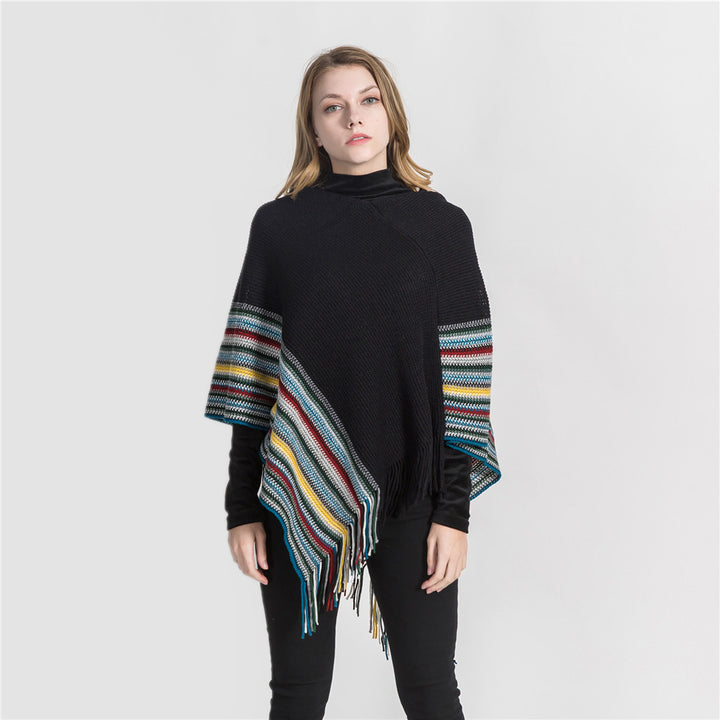 Damen Oversize-Strickruana mit Fransen und gestreifter Bordüre Drune