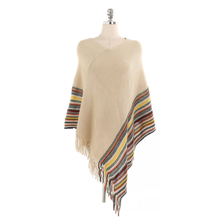 Damen Oversize-Strickruana mit Fransen und gestreifter Bordüre Drune
