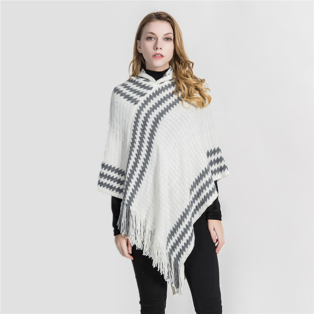 Damen Strick‑Kapuzencape im Hahnentritt‑Jacquard mit Fransensaum Drune