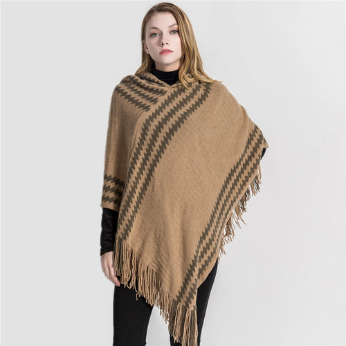 Damen Strick‑Kapuzencape im Hahnentritt‑Jacquard mit Fransensaum Drune
