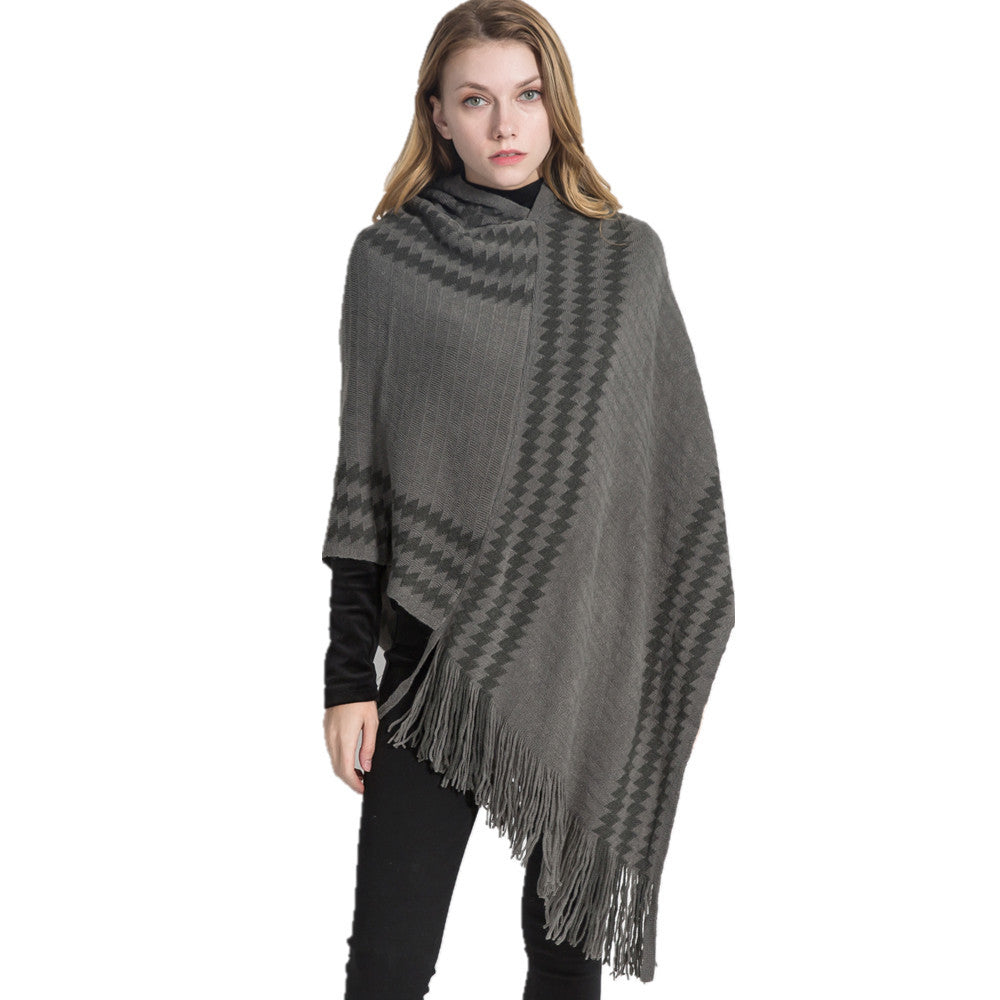 Damen Strick‑Kapuzencape im Hahnentritt‑Jacquard mit Fransensaum Drune