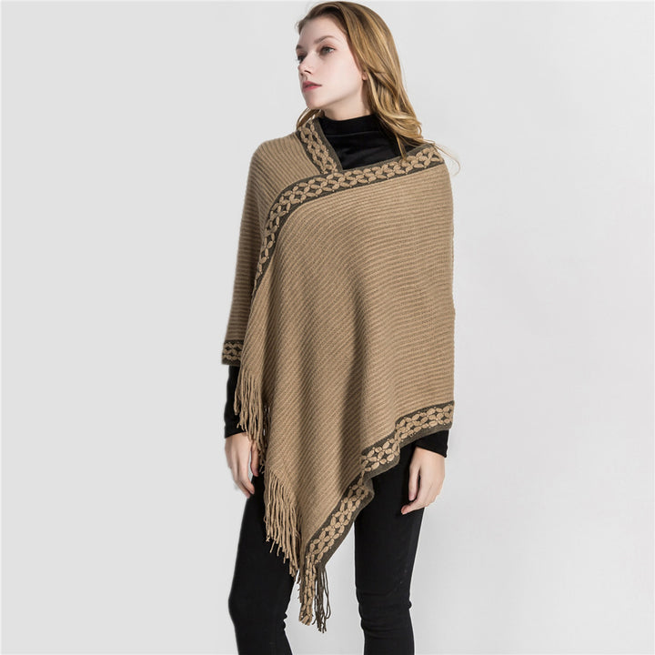 Damen V-Ausschnitt Ruana-Poncho mit geflochtener Bordüre und Fransen Drune