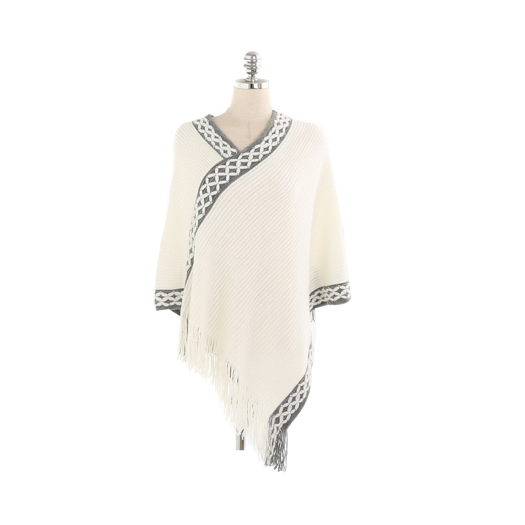Damen V-Ausschnitt Ruana-Poncho mit geflochtener Bordüre und Fransen Drune