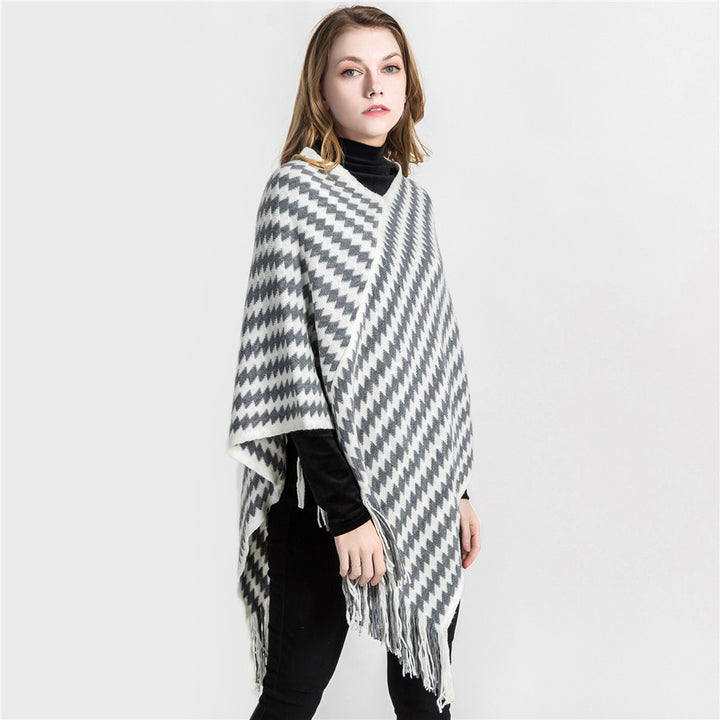Damen Kaschmir‑Touch Ruana‑Poncho mit Zickzack‑Jacquard und Fransensaum Drune