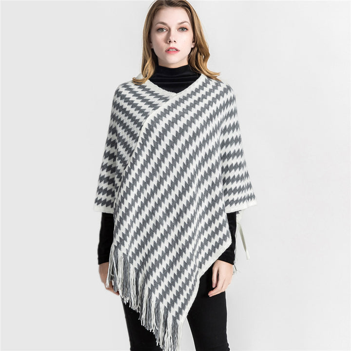 Damen Kaschmir‑Touch Ruana‑Poncho mit Zickzack‑Jacquard und Fransensaum Drune