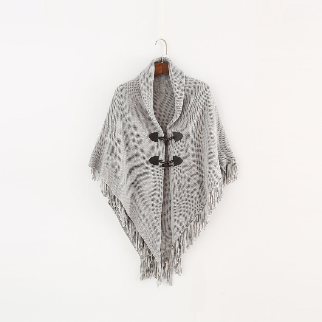 Damen Strick-Ruana-Poncho mit Schalkragen, Knebelverschlüssen und Fransensaum Drune
