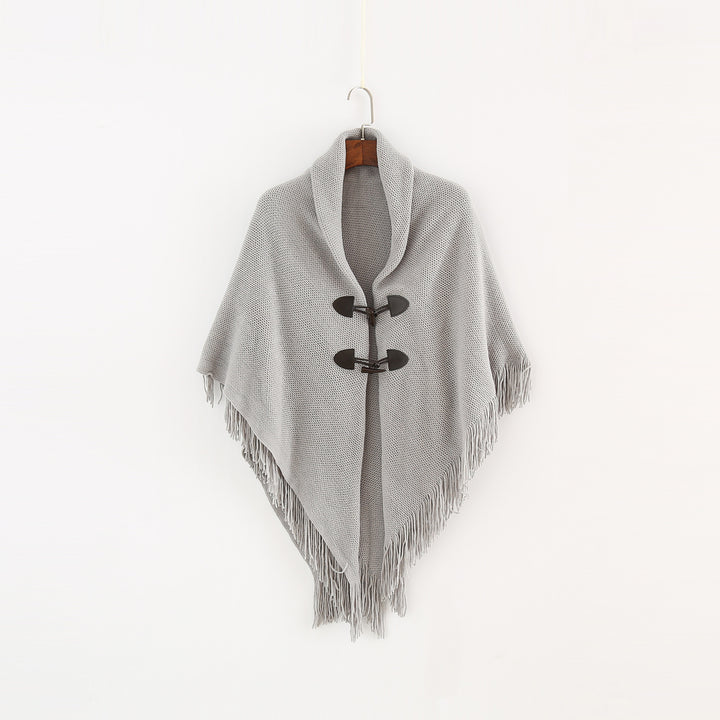 Damen Strick-Ruana-Poncho mit Schalkragen, Knebelverschlüssen und Fransensaum Drune