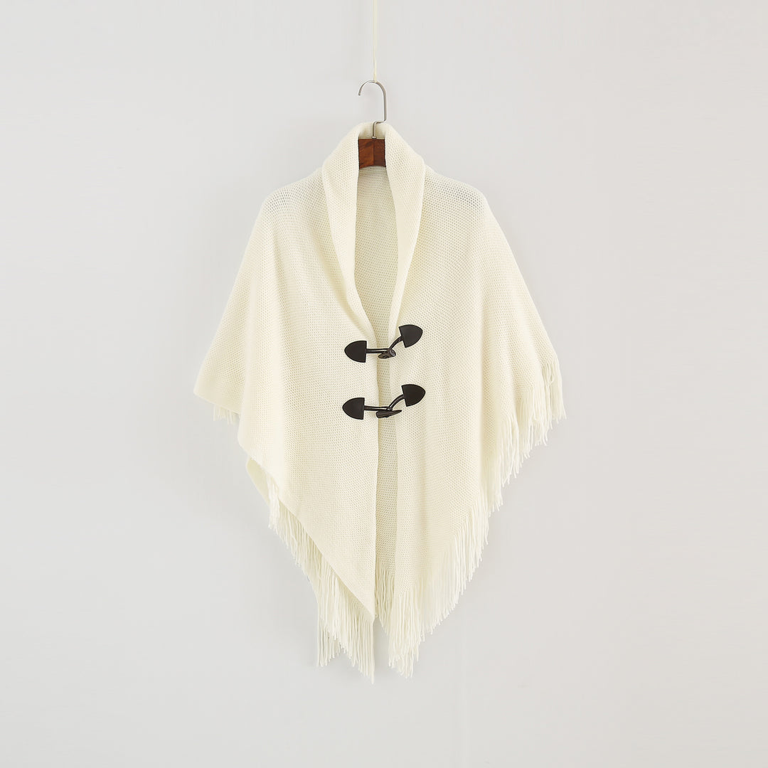 Damen Strick-Ruana-Poncho mit Schalkragen, Knebelverschlüssen und Fransensaum Drune