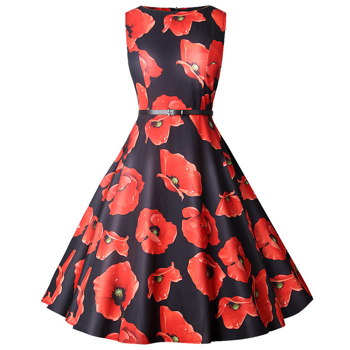 Damen Swingkleid mit floralem Design und elegantem Taillengürtel Drune