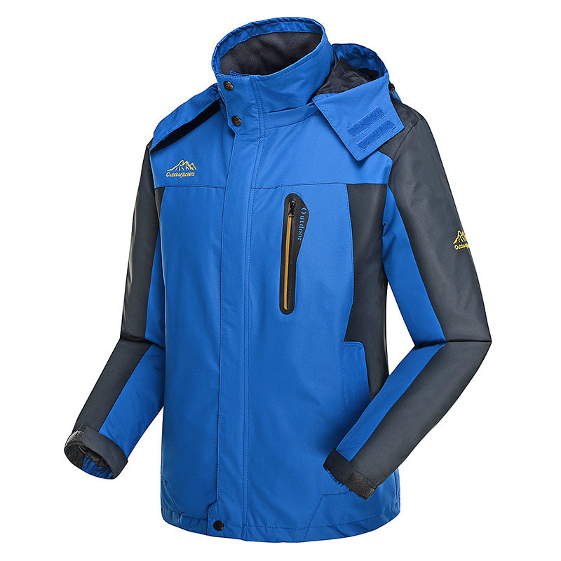Herren dreilagige Hardshell-Outdoorjacke mit abnehmbarer Kapuze, verschweißten Nähten und Brust-Reißverschlusstasche Drune