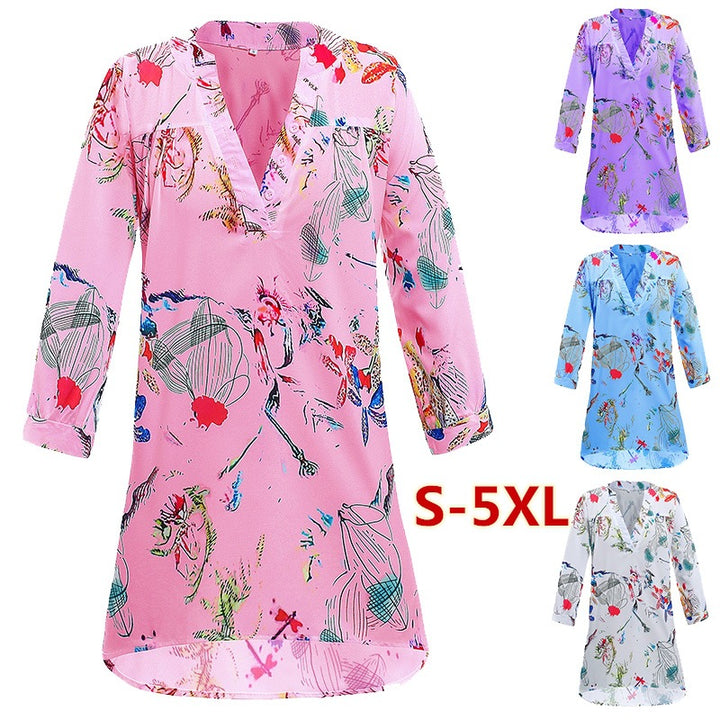 Damen Leichte Viskose Chiffon Tunika Kleid mit V-Ausschnitt und Dreiviertelärmeln Drune