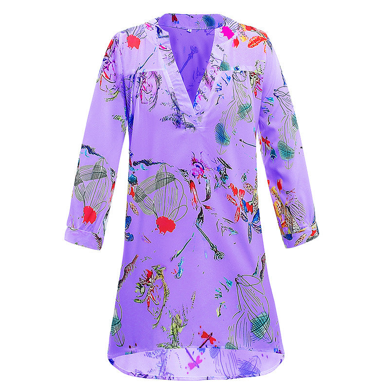 Damen Leichte Viskose Chiffon Tunika Kleid mit V-Ausschnitt und Dreiviertelärmeln Drune