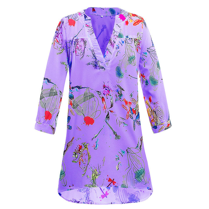 Damen Leichte Viskose Chiffon Tunika Kleid mit V-Ausschnitt und Dreiviertelärmeln Drune