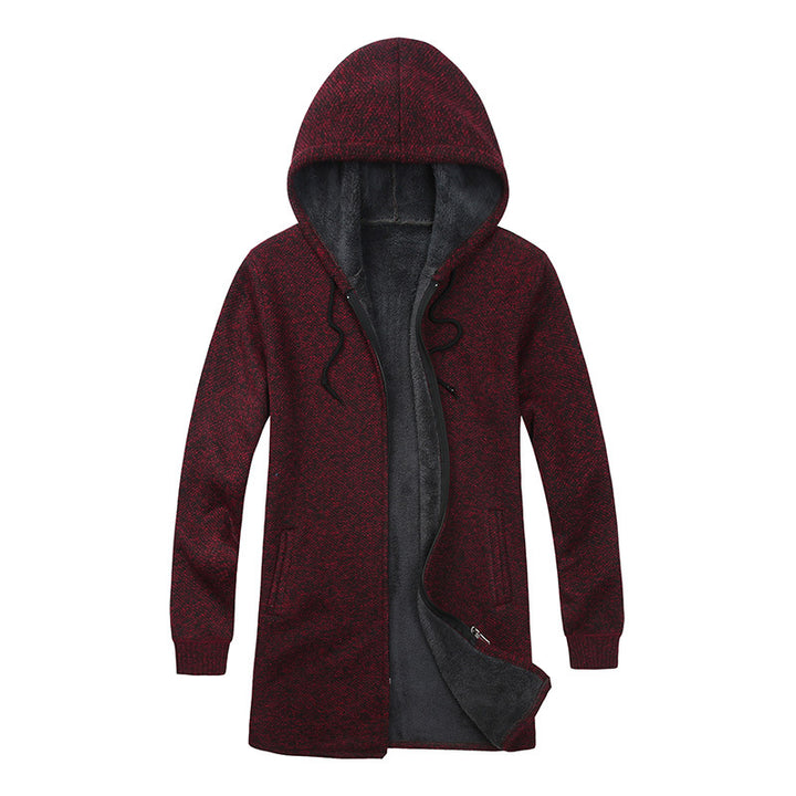 Herren Langer Kapuzen-Strickcardigan mit wärmender Teddyfleece-Innenfütterung, Tunnelzug und Eingrifftaschen Drune