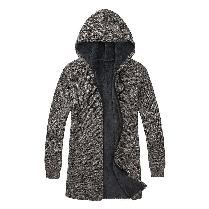 Herren Langer Kapuzen-Strickcardigan mit wärmender Teddyfleece-Innenfütterung, Tunnelzug und Eingrifftaschen Drune