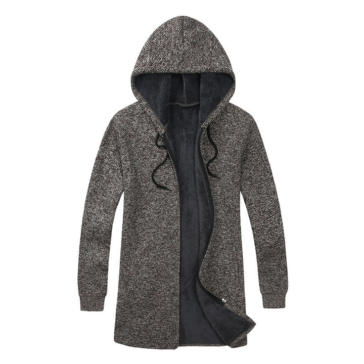 Herren Langer Kapuzen-Strickcardigan mit wärmender Teddyfleece-Innenfütterung, Tunnelzug und Eingrifftaschen Drune