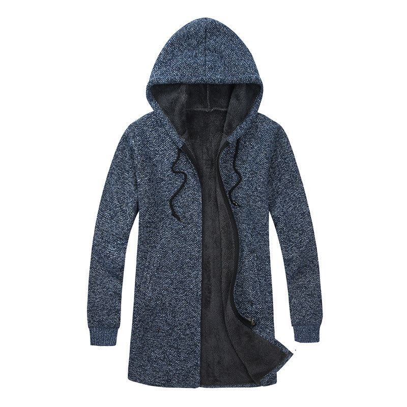 Herren Langer Kapuzen-Strickcardigan mit wärmender Teddyfleece-Innenfütterung, Tunnelzug und Eingrifftaschen Drune