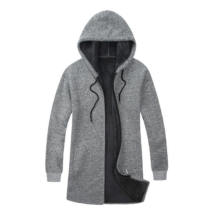 Herren Langer Kapuzen-Strickcardigan mit wärmender Teddyfleece-Innenfütterung, Tunnelzug und Eingrifftaschen Drune
