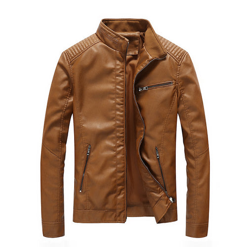 Herren Slim-Fit Kunstleder-Motojacke mit Stehkragen, gesteppter Schulterpasse und Reißverschlusstaschen Drune