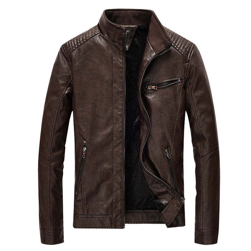 Herren Slim-Fit Kunstleder-Motojacke mit Stehkragen, gesteppter Schulterpasse und Reißverschlusstaschen Drune