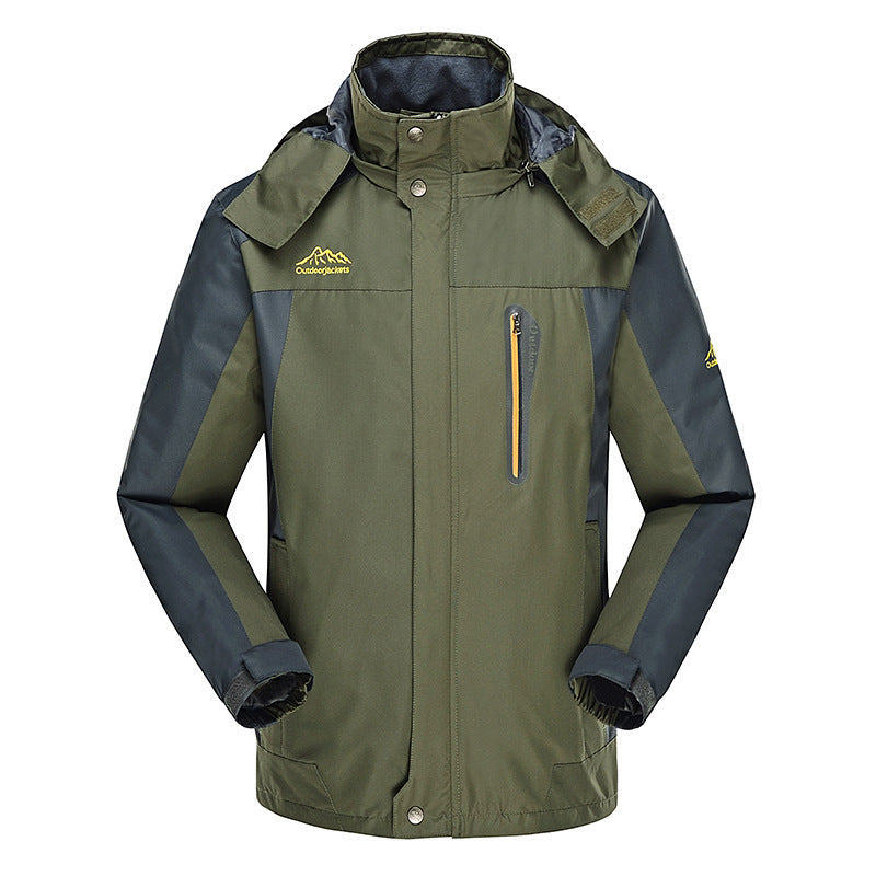 Herren dreilagige Hardshell-Outdoorjacke mit abnehmbarer Kapuze, verschweißten Nähten und Brust-Reißverschlusstasche Drune