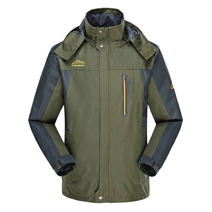 Herren dreilagige Hardshell-Outdoorjacke mit abnehmbarer Kapuze, verschweißten Nähten und Brust-Reißverschlusstasche Drune