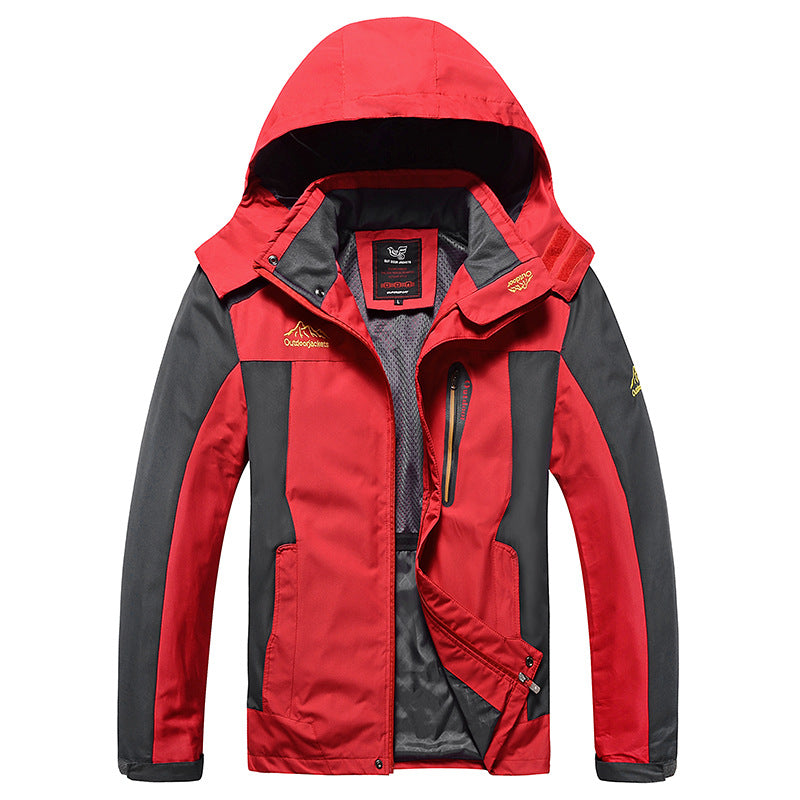 Herren dreilagige Hardshell-Outdoorjacke mit abnehmbarer Kapuze, verschweißten Nähten und Brust-Reißverschlusstasche Drune