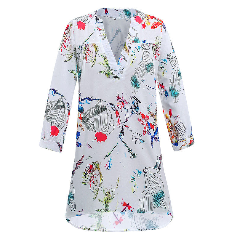 Damen Leichte Viskose Chiffon Tunika Kleid mit V-Ausschnitt und Dreiviertelärmeln Drune