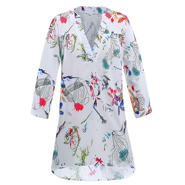Damen Leichte Viskose Chiffon Tunika Kleid mit V-Ausschnitt und Dreiviertelärmeln Drune