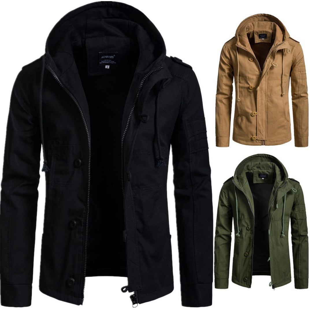 Herren Militärisch inspirierte Kapuzenjacke aus Canvas mit Tunnelzug Mehrfachtaschen und Epauletten Drune