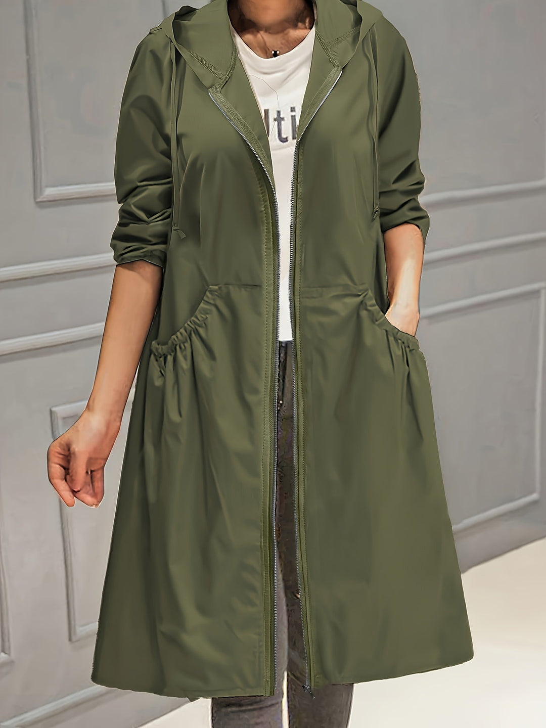 Drune | Damen Lässig Lange Jacke Mit Kapuze Und Reißverschluss