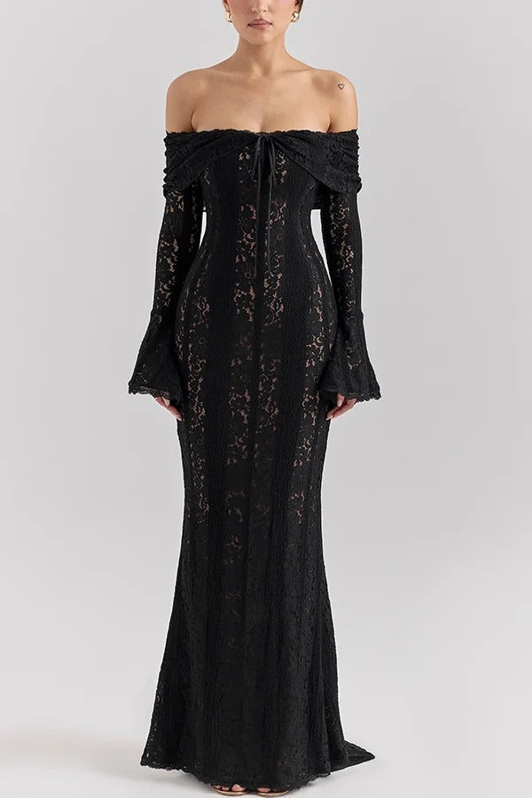 Drune | Blumen Spitze Off Shoulder Flare Ärmel Fishtail Maxi Kleider - Weiß