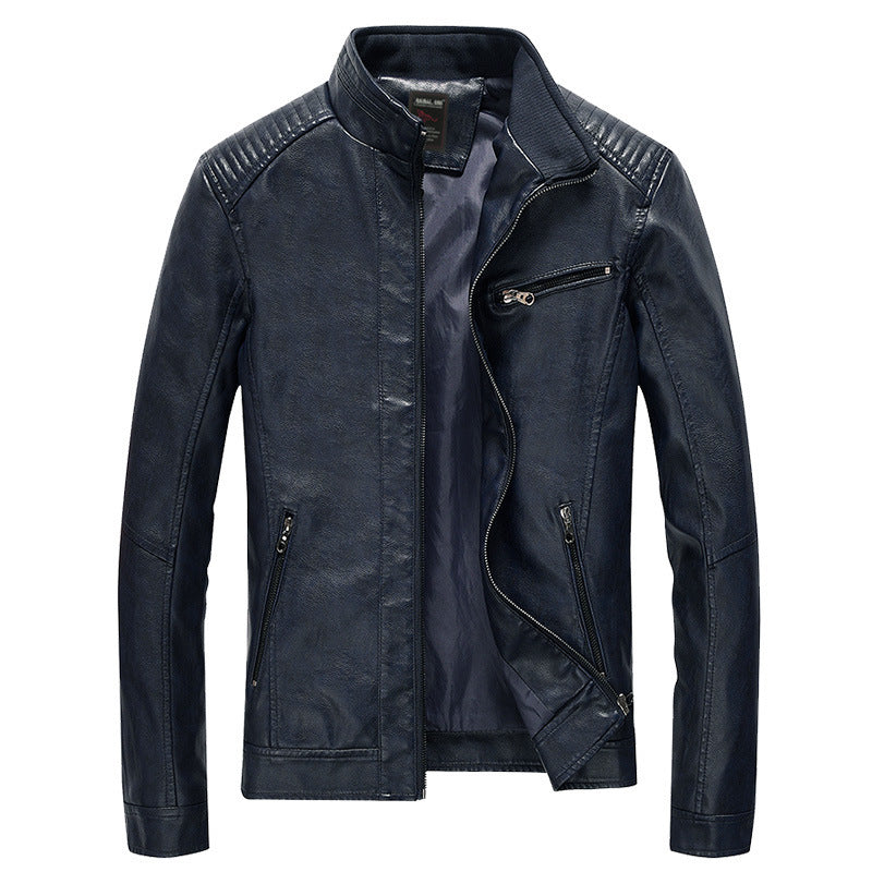 Herren Slim-Fit Kunstleder-Motojacke mit Stehkragen, gesteppter Schulterpasse und Reißverschlusstaschen Drune