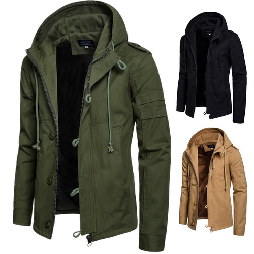 Herren Militärisch inspirierte Kapuzenjacke aus Canvas mit Tunnelzug Mehrfachtaschen und Epauletten Drune