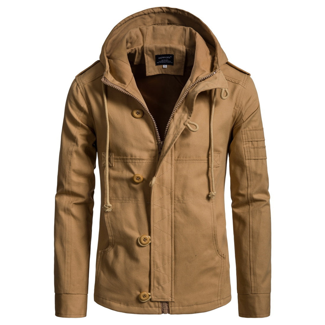 Herren Militärisch inspirierte Kapuzenjacke aus Canvas mit Tunnelzug Mehrfachtaschen und Epauletten Drune