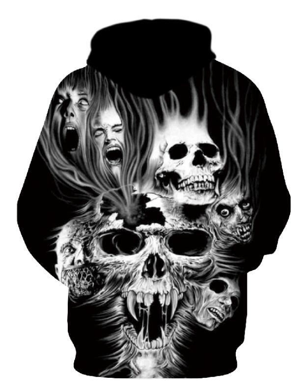Herren Kapuzenpullover mit fotorealistischem 3D-Skull-Print, Kronen- & Kettenmotiv Drune