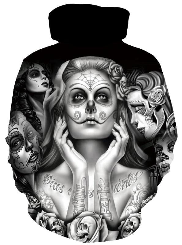 Herren Kapuzenpullover mit fotorealistischem 3D-Skull-Print, Kronen- & Kettenmotiv Drune