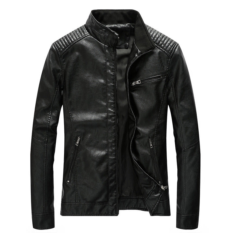 Herren Slim-Fit Kunstleder-Motojacke mit Stehkragen, gesteppter Schulterpasse und Reißverschlusstaschen Drune