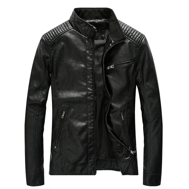Herren Slim-Fit Kunstleder-Motojacke mit Stehkragen, gesteppter Schulterpasse und Reißverschlusstaschen Drune