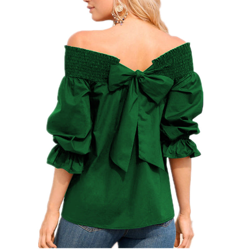 Damen Off-Shoulder Bluse mit Rüschenärmel und Schleifendetail Drune