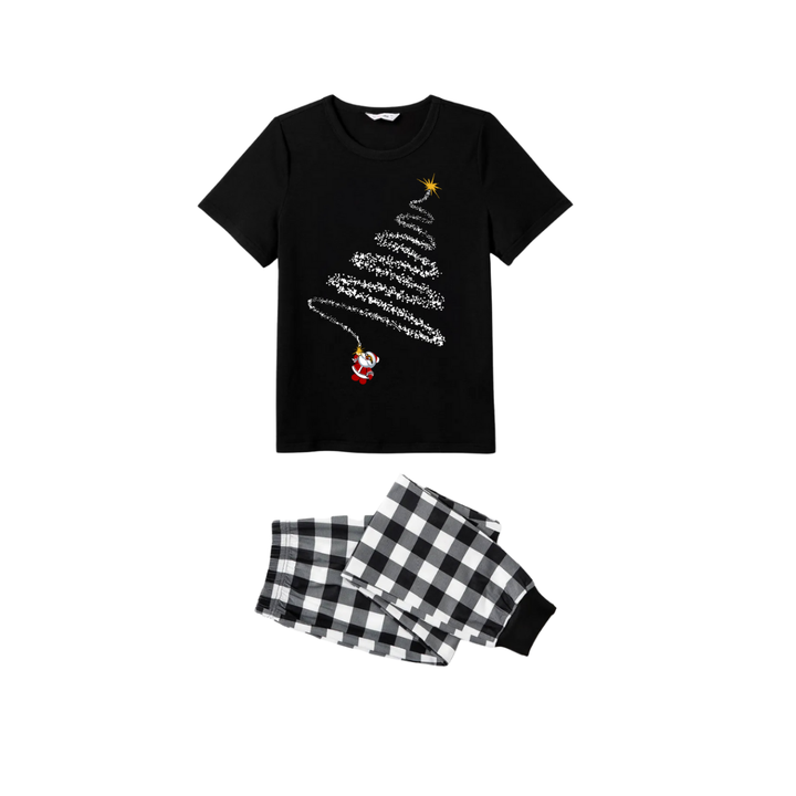 Drune | Santa Climbing Christmas Tree Familie Pyjama Set - Schwarzes Oberteil Schwarze und Weiße Karohose Weißer Baum Grafik