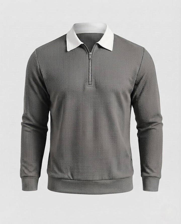 Herren Texturiertes Langarm-Poloshirt im Troyer‑Stil mit Kontrastkragen und Kurzreißverschluss Drune