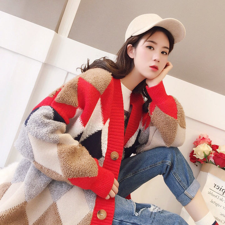 Damen Grobstrickjacke mit dekorativem Rautenmuster und komfortablem Schnitt Drune