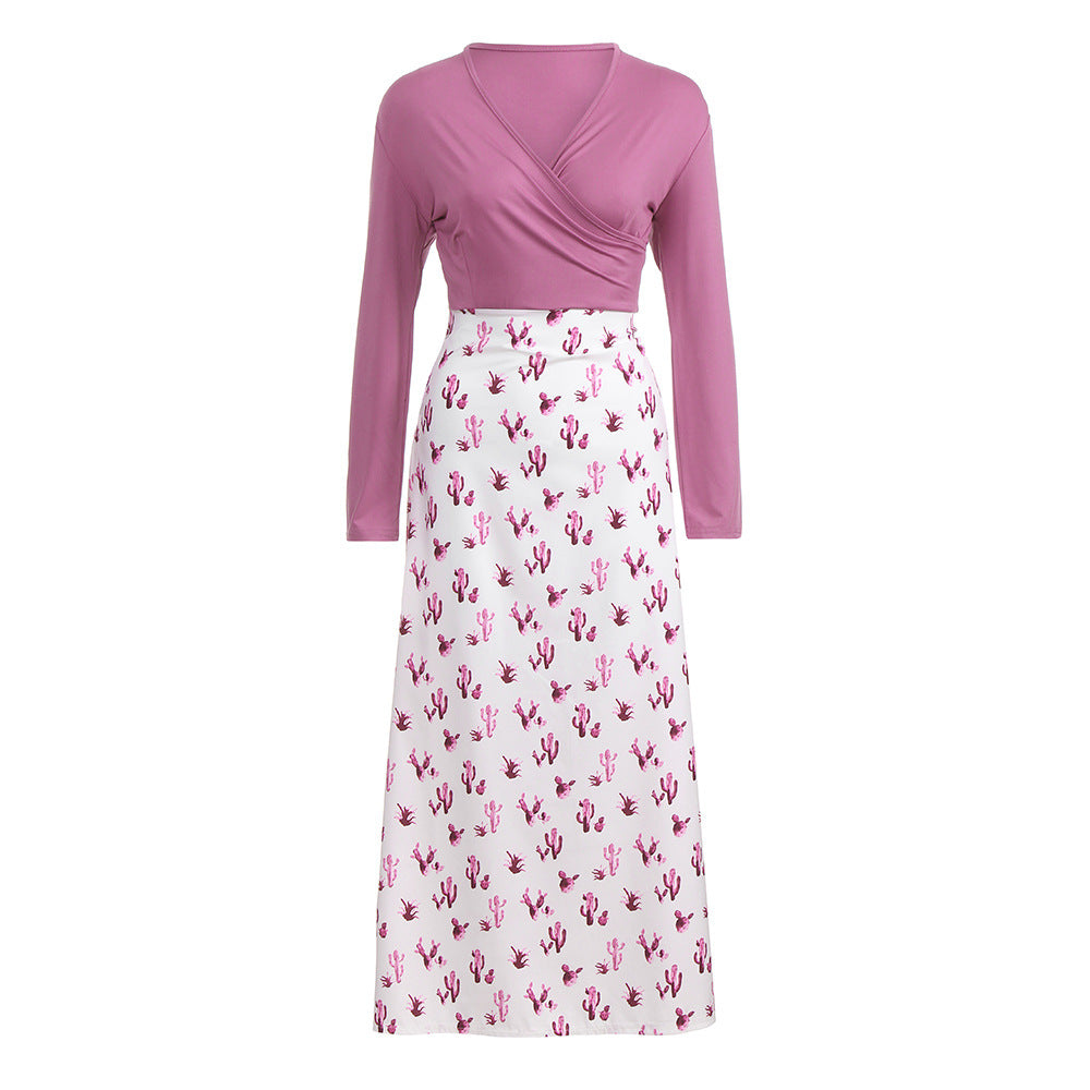 Damen Wickelkleid mit auffälligem Kaktusdruck und langen Ärmeln Drune