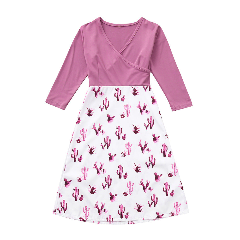 Damen Wickelkleid mit auffälligem Kaktusdruck und langen Ärmeln Drune