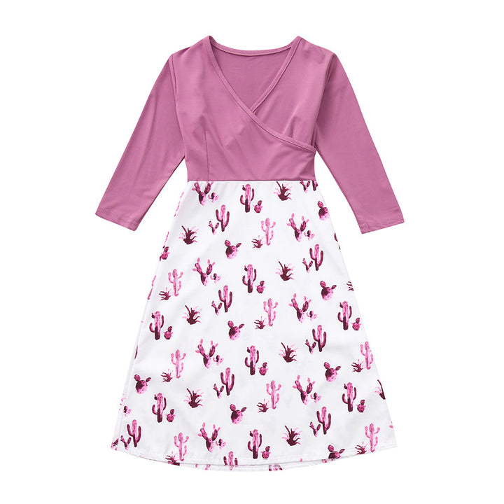 Damen Wickelkleid mit auffälligem Kaktusdruck und langen Ärmeln Drune